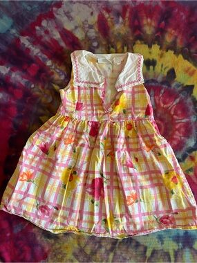 🌸 Vintage 90s Kokomo Kids Pink Plaid Floral Cotton Sundress 6T